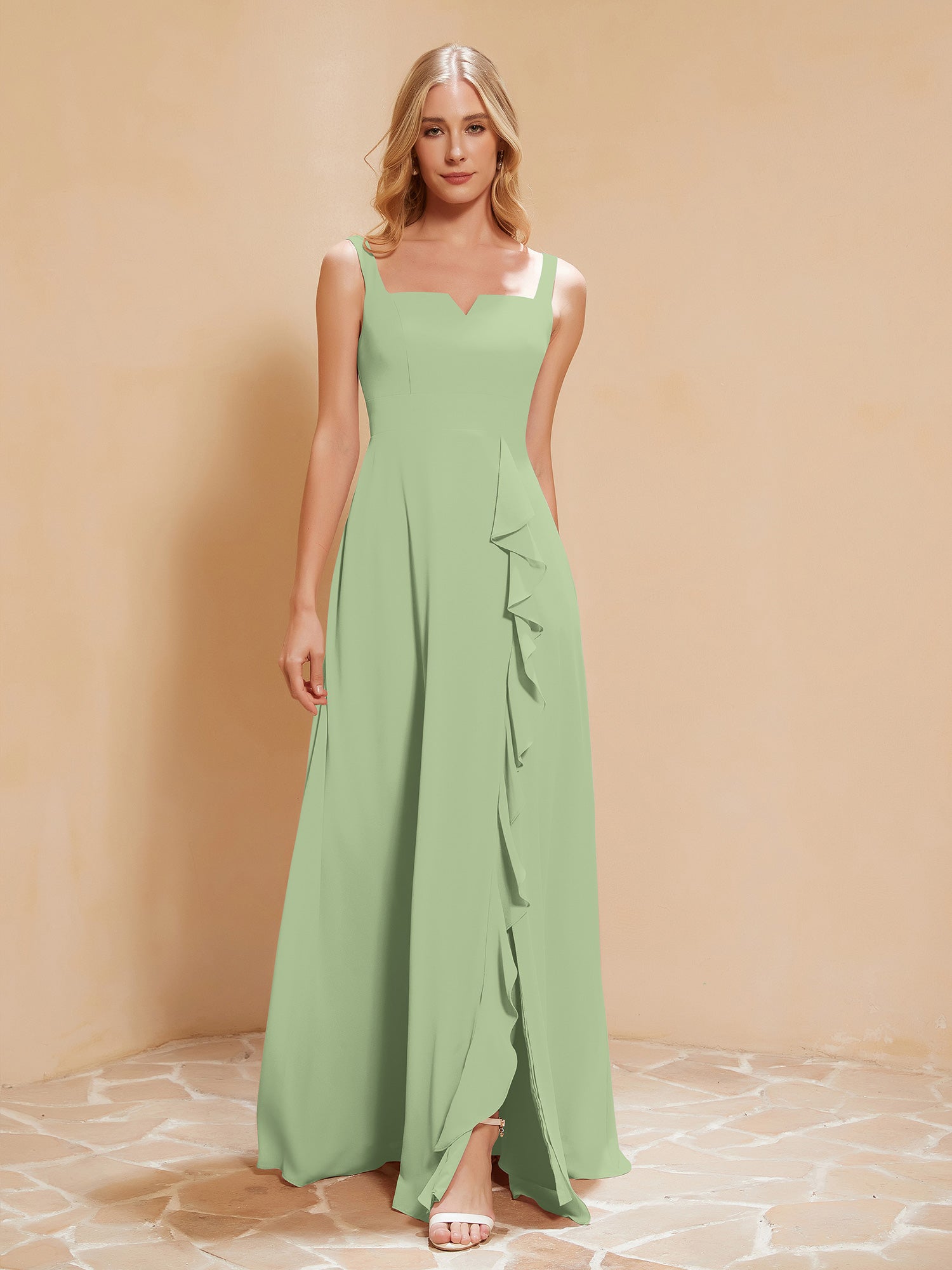 Sleeveless Bridesmaid Gown with Ruffles Dusty Sage
